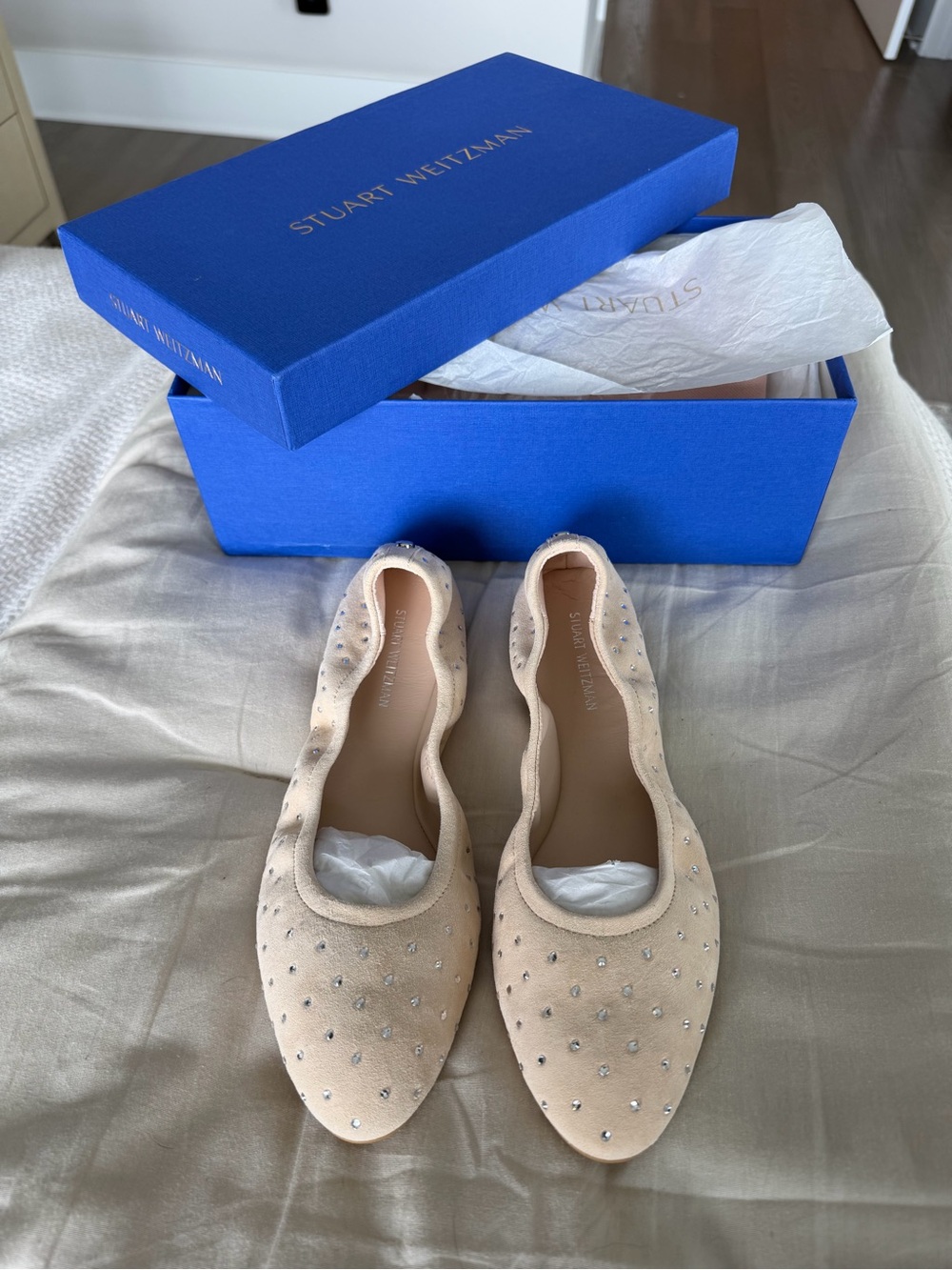 Stuart Weitzman Nude Crystal-Studded Ballet Flats